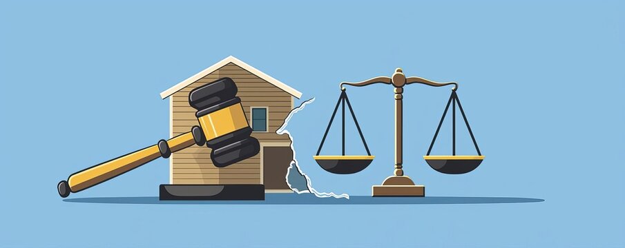 Gavel and scales, split house icon, divorce context, flat design illustration