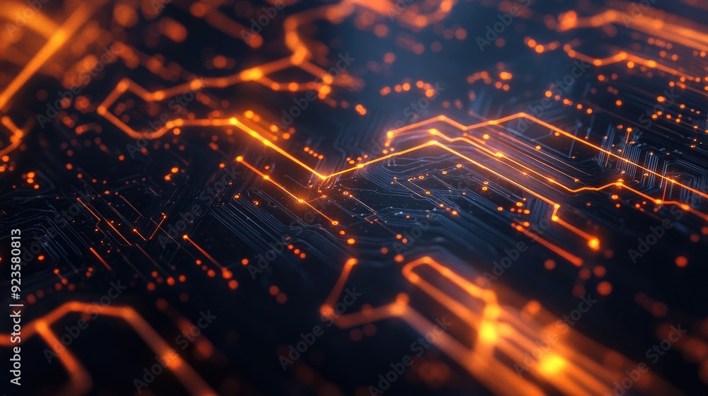 Poster high-tech digital circuit board background with glowing lines and nodes.