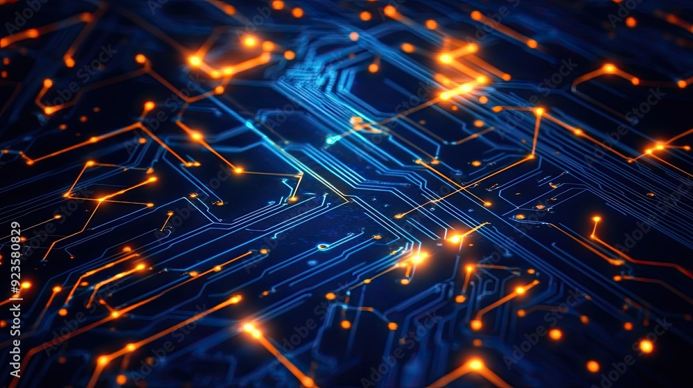 Poster high-tech digital circuit board background with glowing lines and nodes.
