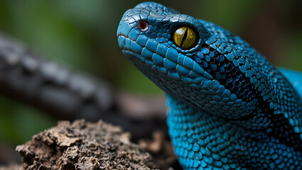 Fototapeta premium Blue Pit Viper from Indonesia, Stunning Close-Up of a Vibrant and Venomous Snake