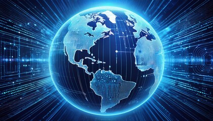 Naklejka premium Earth centered in blue cyberspace made out of code, representing open source software, digital cyberpunk