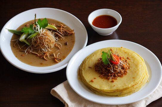 Local traditional meal known as lempeng kelapa or coconut pancake with anchovies spicy gravy