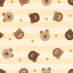 brown teddy bear cute hand drawn face with hearts and polka dot texture, pastel orange peach beige seamless pattern background