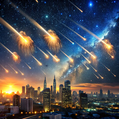 Beautiful city skyline at night with fireworks lighting up the sky