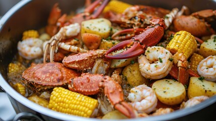 Seafood boil with corn, potatoes, shrimp, and crab in a large pot.