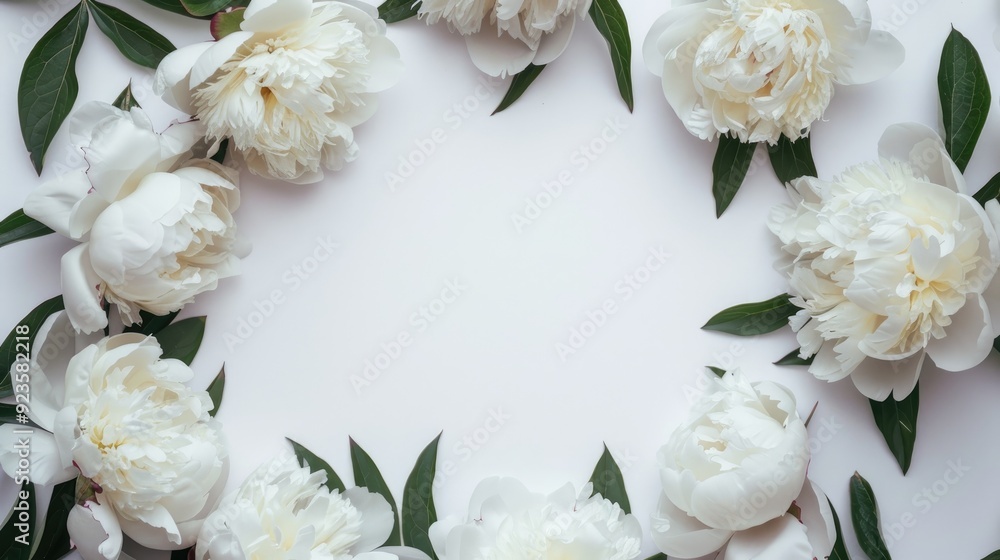 Poster white peonies arranged in a circular border with open space for text flat lay top view floral mockup