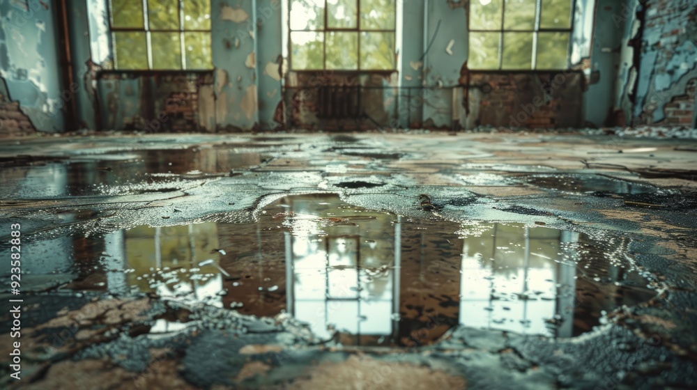 Poster reflections on a wet floor in an abandoned building with peeling walls and windows