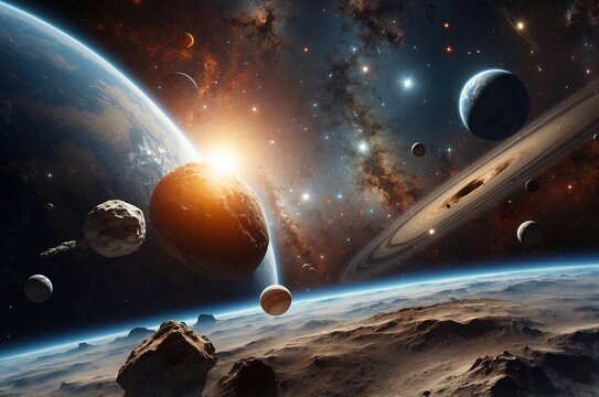 Space galaxy background with saturn planet and asteroids, cartoon universe texture. 