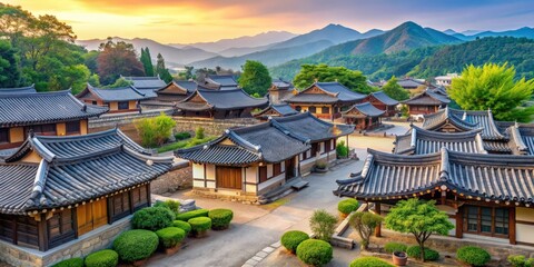 Obraz premium Tranquil traditional Korean village with hanok houses, serenity, relaxation, peaceful, Korean culture