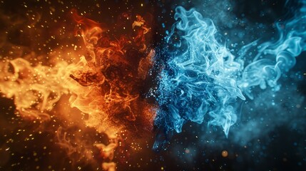Fire and ice element clash with vibrant colors swirling in contrasting patterns