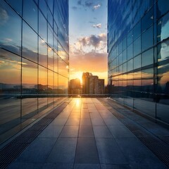 Fototapeta premium Modern Architectural Design Glass Building Reflecting a Sunset Skyline