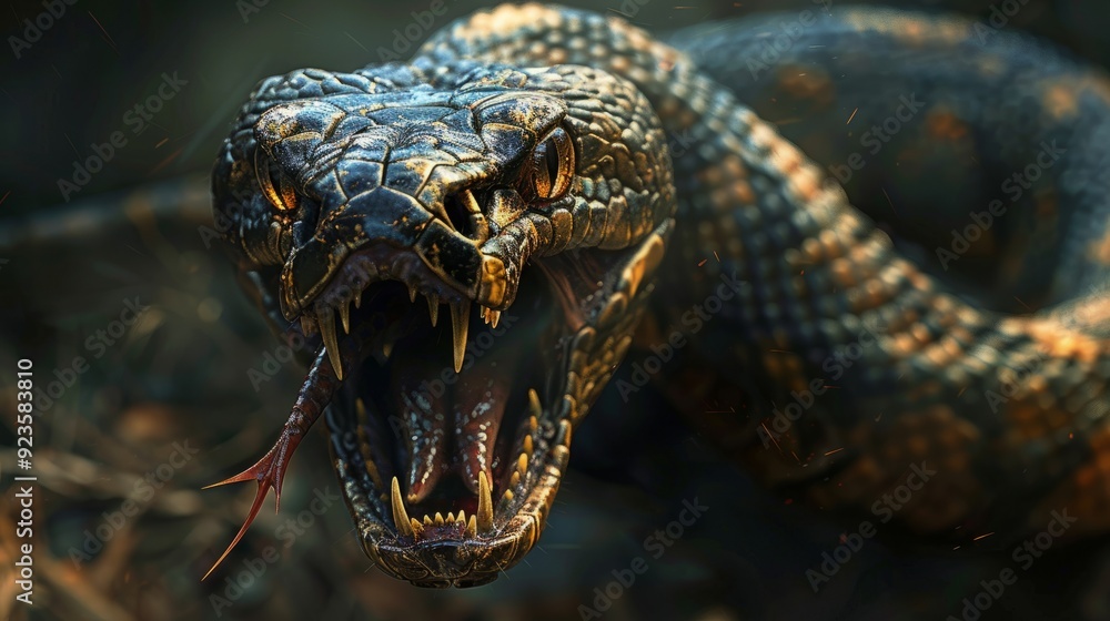 Poster a striking snake displaying its fangs in a dense forest during daylight