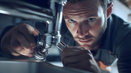 Professional Plumber Fixing Pipe Leaking Under Sink Using Tools