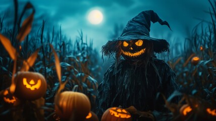 Spooky Scarecrow in a Moonlit Cornfield with Glowing Jack-o'-Lanterns on a Halloween Night
