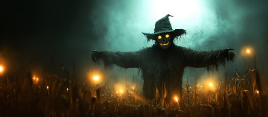 Spooky Scarecrow with Glowing Eyes in a Foggy Cornfield at Night with Eerie Lights for Halloween and Horror Themes