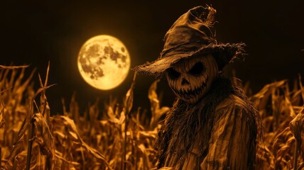 Fototapeta premium Spooky Scarecrow in Cornfield with Full Moon Background - Perfect for Halloween and Horror Themes