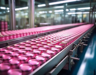 Obraz premium Pink Can Production Line A close-up shot of pink cans moving smoothly along a conveyor belt in a modern factory setting, highlighting the efficiency and precision of industrial production.