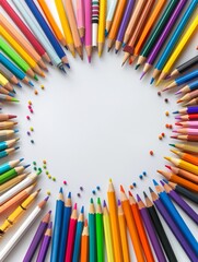 Fototapeta premium Colorful Back to School Frame Background with Pencils and Crayons in Circular Pattern on White Background