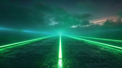 Neon green lights illuminate a reflective pathway under a moody sky at dusk