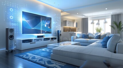 Modern living room with a large TV, stylish furniture, and ambient lighting.