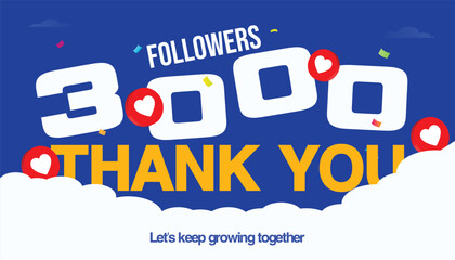 3k followers, subscribers. Three thousand followers and subscribers celebration banner, thank you, social media celebration post with heart icons. 