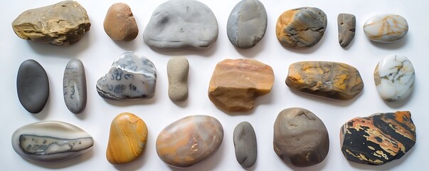 A collection of smooth river stones of various shapes and sizes displayed on a white background to showcase their natural textures and colors