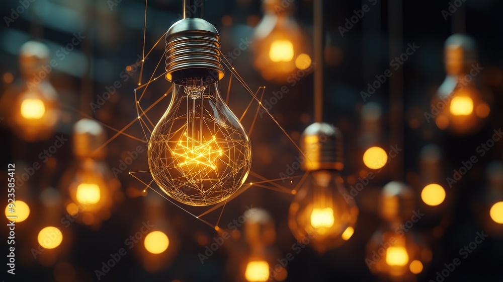 Poster an abstract image of light bulbs connected by a network of lines, symbolizing innovation