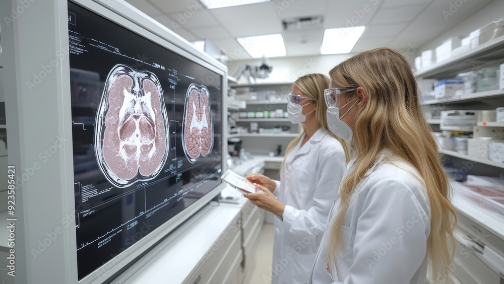 Poster Two lab technicians review detailed brain scans on a large screen while discussing findings in a modern medical facility.