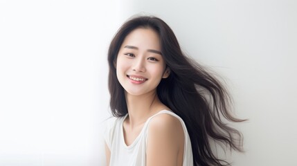 A young Korean girl model tilts her head and smiles gently, capturing a serene and warm moment with flowing hair