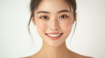 young Asian woman with clean skin and flowing hair, embodying beauty and skincare ideals.