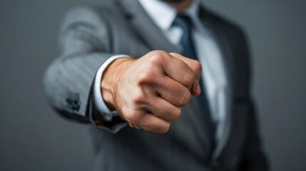 A businessman in a suit with a clenched fist, expressing determination, confidence, and readiness for action in a corporate setting.