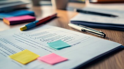 An open document file with important paperwork, highlighted with sticky notes and pens.