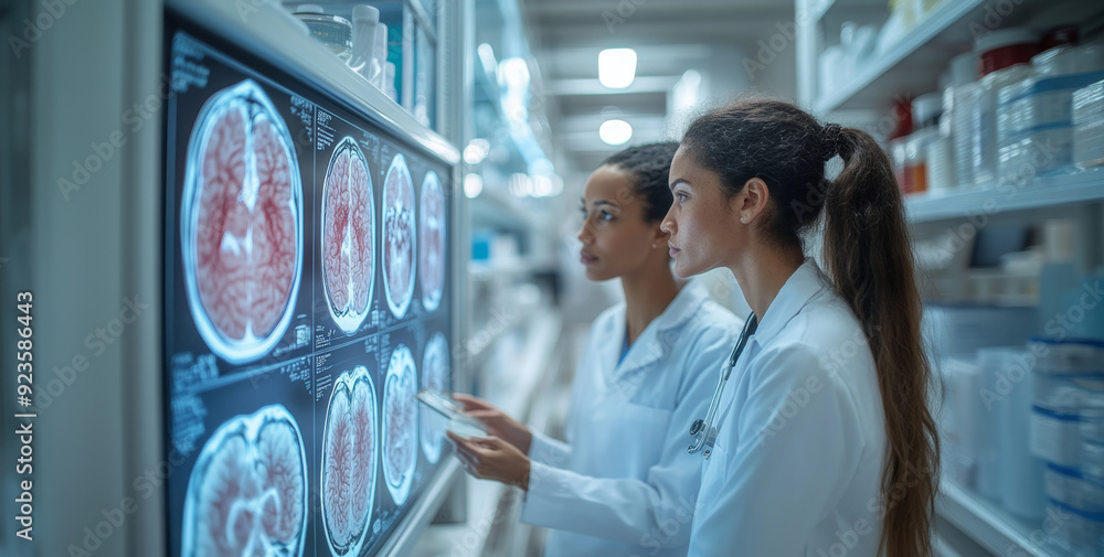 Leinwandbilder medical experts analyze brain imaging data on a large screen while consulting in a well-equipped lab