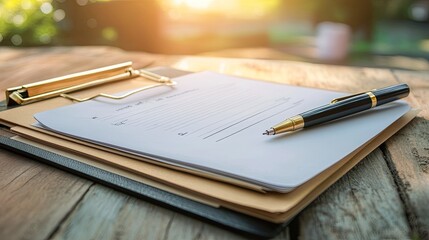 An open file folder with business documents and a pen on a wooden table.