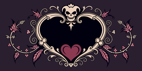 Gothic heart frame set, floral swirl, vector baroque border vintage classic dark antique ornament. Victorian love mystic tattoo, elegant magic decoration skull, butterfly. Halloween gothic frame kit