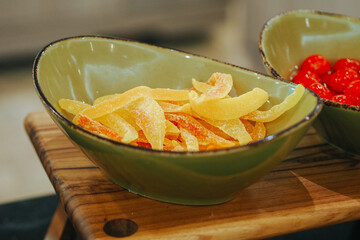 Dried Fruit, Dried Sliced ​​Papaya, dried and candied slices of papaya tropical fruit close up