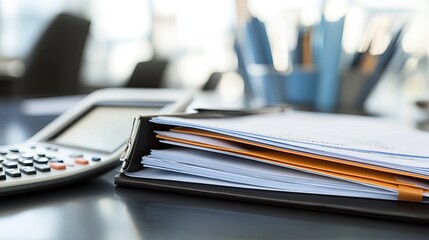 An open file folder with financial documents and a calculator on a professional desk.