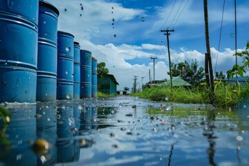 Blue barrels stand along the road, puddles after the rain, with the bright sky reflected in them