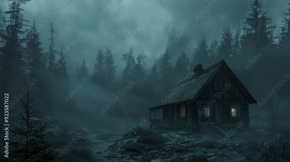 Poster fog envelops a rustic cabin in a dense forest during twilight hours
