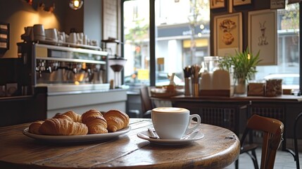 A charming coffee shop interior with a table set for breakfast, featuring coffee, croissants, and artisanal bread.