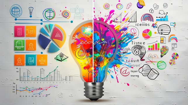 Bright idea and creative thinking  Dynamic image of a light bulb with vibrant paint splashes and creative doodles