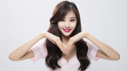Fototapeta premium A Korean girl model with long hair smiles brightly while making a heart shape with her hands in a well-lit studio