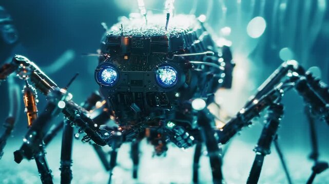 Macro close-up of a futuristic spider nanobot. Microscopic robot, future technology, nanotechnology concepts. Sci-fi cinematic clip. High quality 4k footage