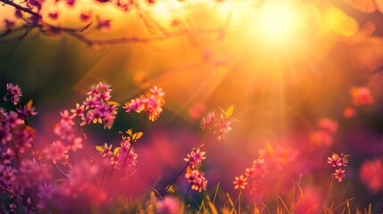 Close-up photo of cherry blossoms against a spring sunrise background.