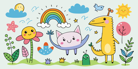 Kids drawing illustration, vector children color pencil naive doodle set, cute cartoon animals. Kindergarten funny wax crayon sketch, giraffe, crocodile, shark, rainbow, flower. Kids drawing clipart