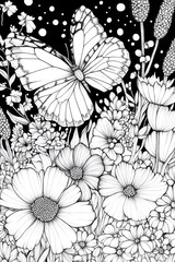 Hand-drawn black and white floral illustration with a butterfly, detailed flowers, and leaves