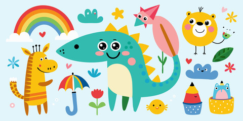 Kids drawing illustration, vector children color pencil naive doodle set, cute cartoon animals. Kindergarten funny wax crayon sketch, giraffe, crocodile, shark, rainbow, flower. Kids drawing clipart