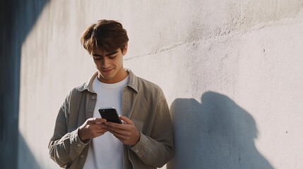 Fototapeta premium Young Man Using Smartphone Against Wall