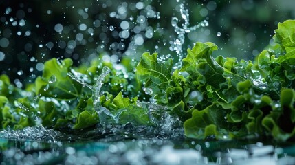 Fresh lettuce leaves splashed with water in a garden during daylight hours