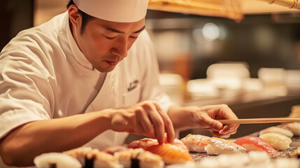 A chef preparing sushi with meticulous care, highlighting the precision and dedication to tradition.